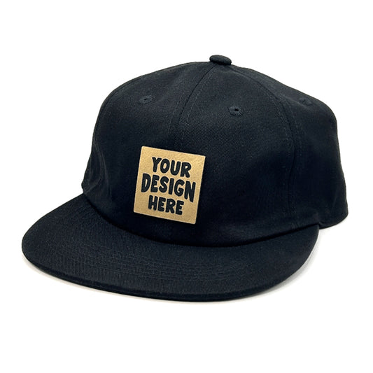 Black Flat Bill Hat with Custom Faux Leather Patch