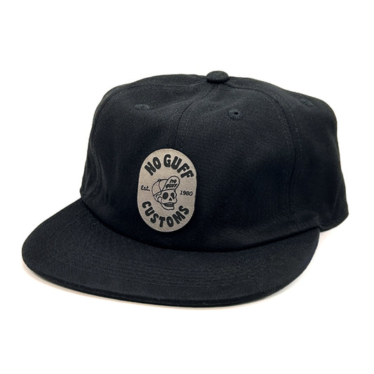 Black Flat Bill Hat with No Guff Leather Patch