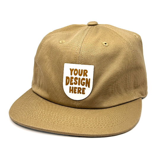 Khaki Flat Bill Hat with Custom Faux Leather Patch
